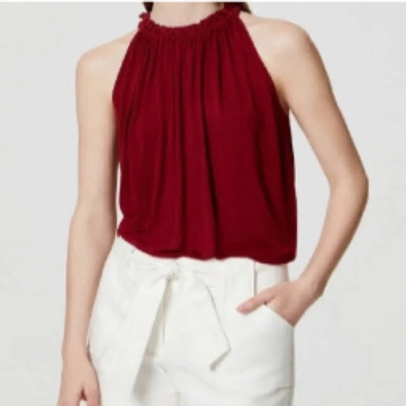 NWOT LOFT Gathered Halter Neck Tank Top Wine Burgundy M - Picture 1 of 15